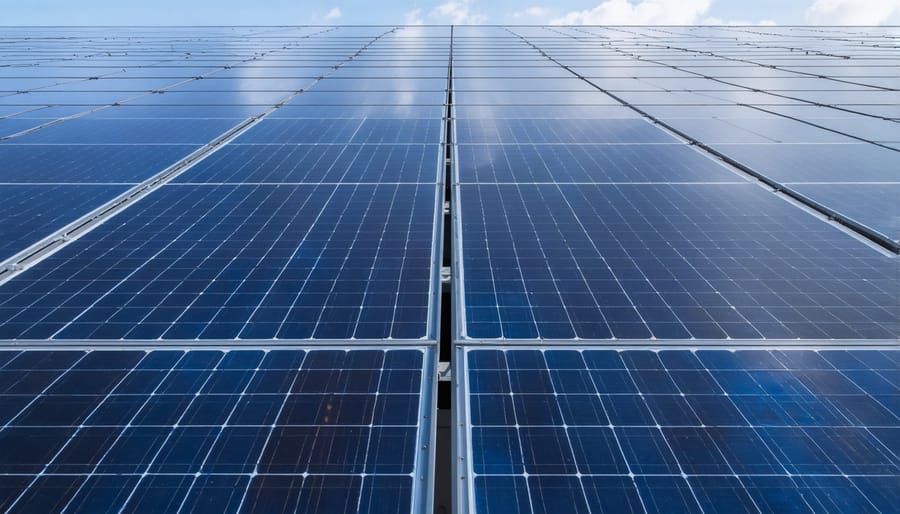 Commercial building rooftop solar panel installation in Canadian urban setting